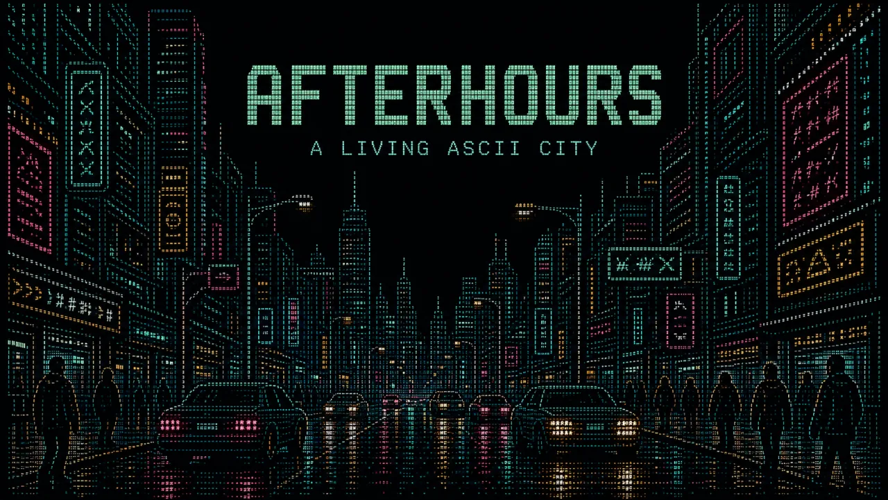 A neon ASCII city street